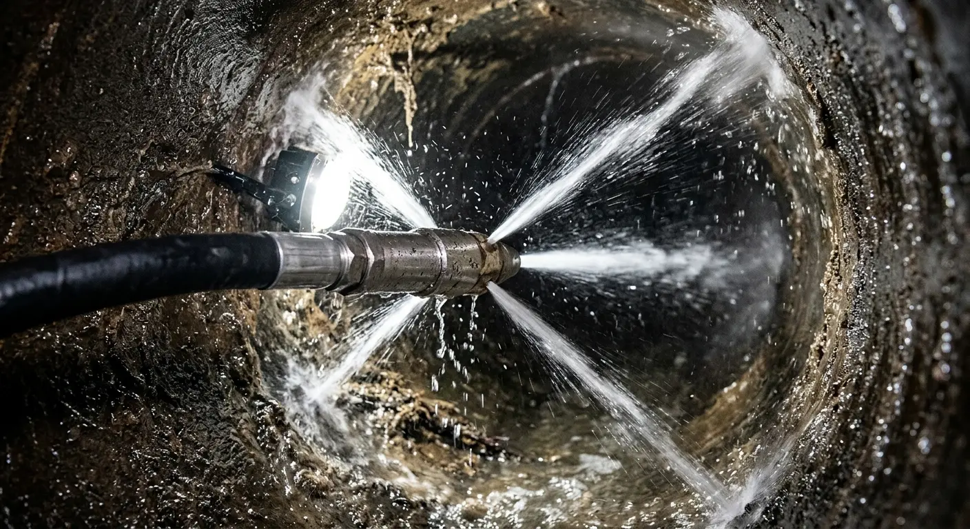 High-pressure hydro jetting nozzle cleaning sewer pipe for Emergency Drain Service in Hiram