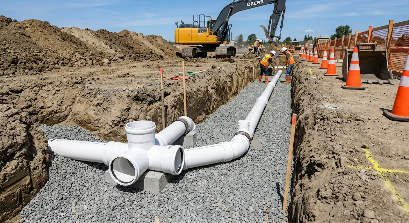 New PVC sewer pipe installation in open trench for Commercial Drain Cleaning in Hiram