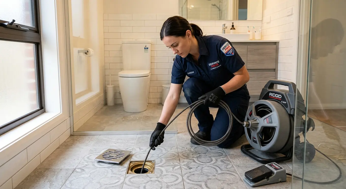 Technician clearing a bathroom floor drain for Drain Cleaning in Hiram